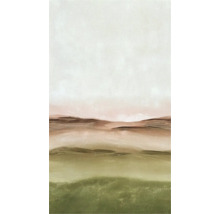 Vliesbehang met abstract landschapsmotief, geschilderde textuur met horizontale lagen in aardetinten.