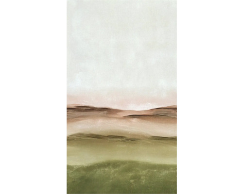 Vliesbehang met abstract landschapsmotief, geschilderde textuur met horizontale lagen in aardetinten.