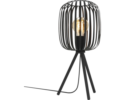 Zwarte tafellamp met kooivormige lampenkap en statiefvoet