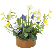 Bloemstuk met narcissen, blauwe druifjes en gele sierbloemen in pot