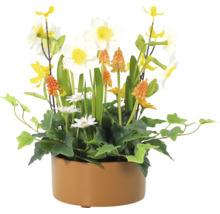 Bloemstuk met narcissen, blauwe druifjes en madeliefjes in een pot