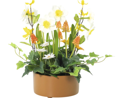 Bloemstuk met narcissen, blauwe druifjes en madeliefjes in een pot