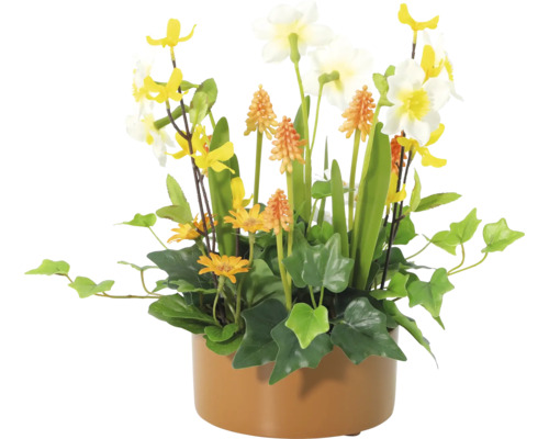 Decoratieve kunstbloemen in een pot met narcissen, goudsbloemen en groene planten.