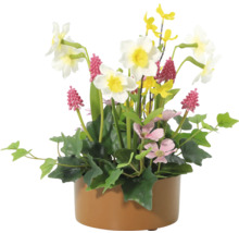 Kunstbloemstuk met narcissen, roze en gele bloemen in bruine pot