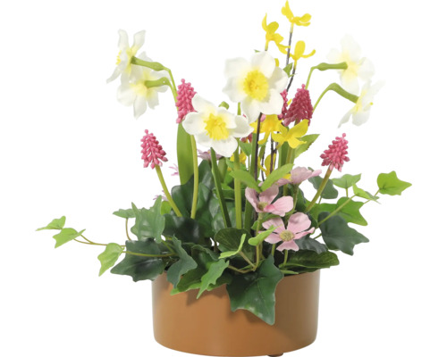 Kunstbloemstuk met narcissen, roze en gele bloemen in bruine pot