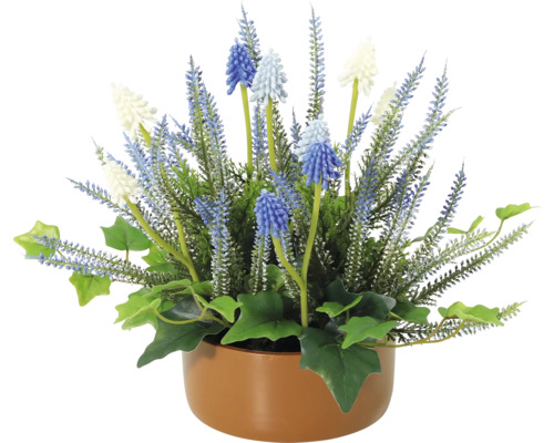 Decoratieve kunstplant met blauwe en witte bloemen in een pot
