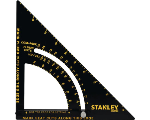 Stanley verstelbare winkelhaak van metaal, zwart, met metrische schaal, gele markeringen en Stanley Logo.