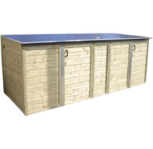 Houten afvalcontainerberging voor drie containers met plat metalen deksel en deuren.