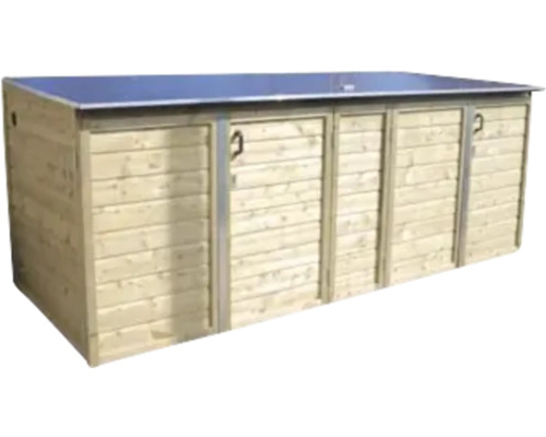 Houten afvalcontainerberging voor drie containers met plat metalen deksel en deuren.