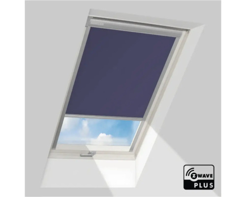 Donkerblauw verduisterend rolgordijn voor dakraam, inclusief Z-Wave Plus Logo voor smart home compatibiliteit.