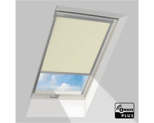 Dakraam met beige rolgordijn en Z-Wave Plus logo.