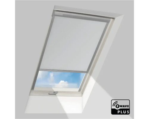 Elektrisch rolgordijn voor dakraam compatibel met Z-Wave Plus voor smart home. Z-Wave Plus Logo.