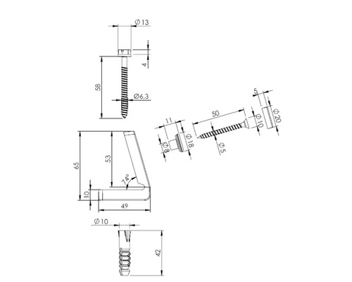Technische tekening van een meubelverbinder met afmetingen