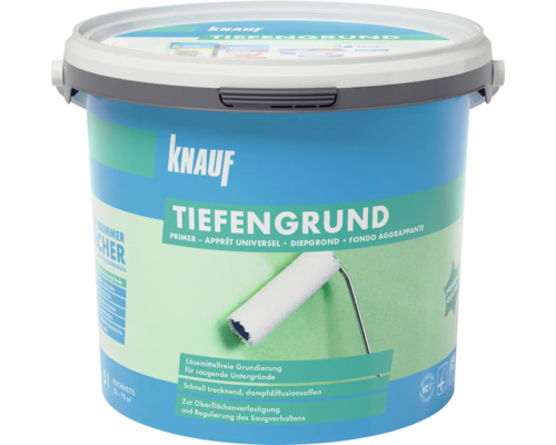 Knauf Tiefengrund in emmer met afbeelding van verfroller