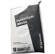 Dyckerhoff Weiss Portlandcement CEM I 42,5 R in een zak van 25 kilogram.