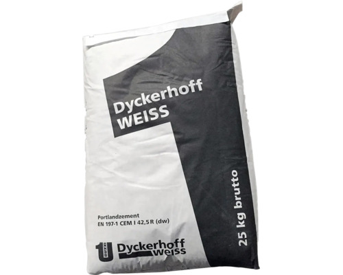 Dyckerhoff Weiss Portlandcement CEM I 42,5 R in een zak van 25 kilogram.