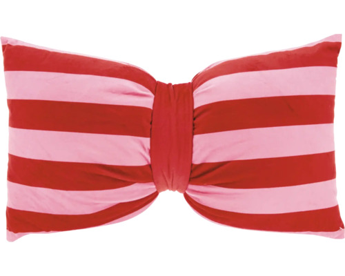 Rood en roze gestreept sierkussen in de vorm van een strik.