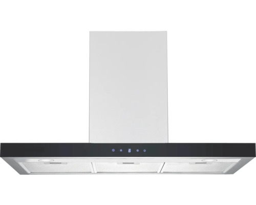 Wandschouw afzuigkap met zwart touch bedieningspaneel, digitaal display en drie vetfilters.