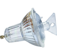 Transparante reflectorlamp van glas met gefacetteerde reflector en kunststof inzethulp.