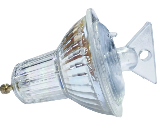 Transparante reflectorlamp van glas met gefacetteerde reflector en kunststof inzethulp.