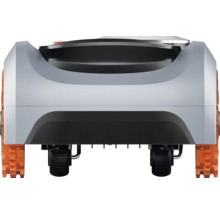 Achteraanzicht van een robotmaaier met wielen en rupsbanden