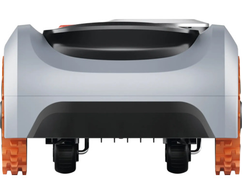 Achteraanzicht van een robotmaaier met wielen en rupsbanden