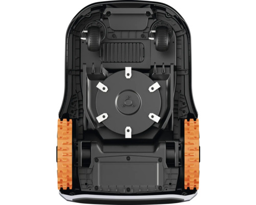 Onderkant van een robotmaaier met snijmechanisme en wielen