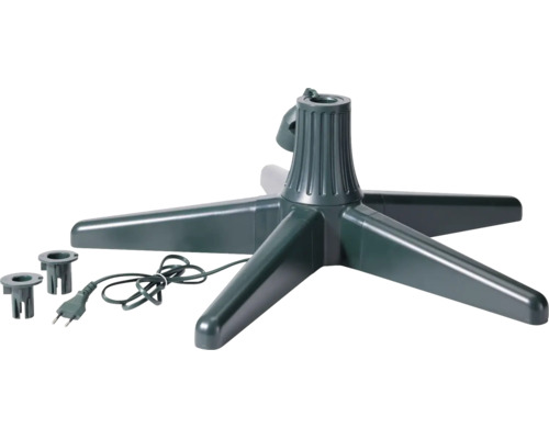 Elektrische kerstboomstandaard van kunststof met vijf poten, inclusief stekker en adapters.