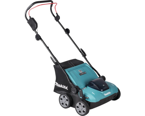 Makita accu-verticuteermachine in turquoise en zwart met grasopvangzak, verstelbare duwboom en rode veiligheidsbeugel.