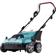 Makita accu-verticuteermachine met grasopvangzak en verstelbare duwboom.