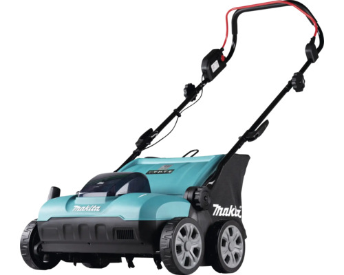 Makita accu-verticuteermachine met grasopvangzak en verstelbare duwboom.