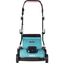 Makita accu-verticuteermachine met inklapbare duwboom en zwarte opvangzak.