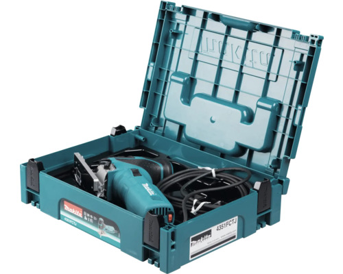 Makita decoupeerzaag 4351FCTJ in geopende blauwe MAKPAC koffer met netsnoer.
