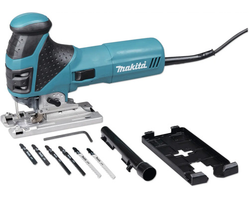 Makita decoupeerzaag met accessoireset bestaande uit zaagbladen, inbussleutel, afzuigadapter en glijzool.