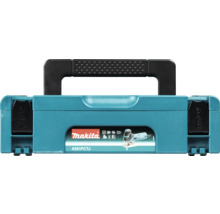 Turquoise Makita Makpac gereedschapskoffer voor decoupeerzaag 4351FCTJ van kunststof met handvat en Makita Logo.