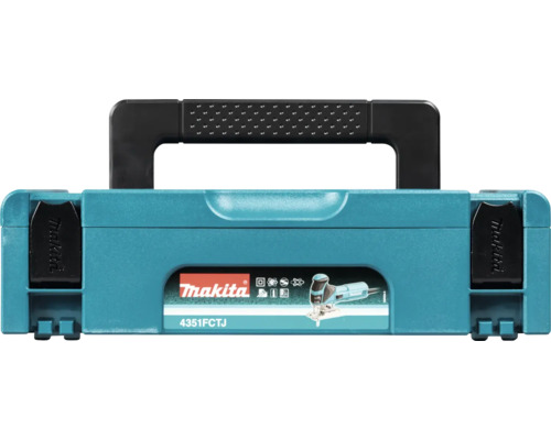 Turquoise Makita Makpac gereedschapskoffer voor decoupeerzaag 4351FCTJ van kunststof met handvat en Makita Logo.