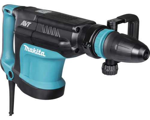 Turquoise en zwarte Makita breekhamer met anti-vibratietechnologie, D-handgreep en verstelbare zijhandgreep.
