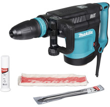 Makita breekhamer met anti-vibratietechnologie, beitel, vet en reinigingsdoek.