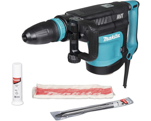 Makita breekhamer met anti-vibratietechnologie, beitel, vet en reinigingsdoek.