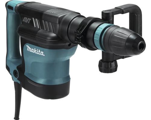 Blauwe en zwarte Makita breekhamer met anti-vibratietechnologie en extra handgreep.