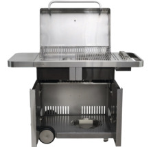 Gasbarbecue van roestvrij staal met open deksel en onderkast