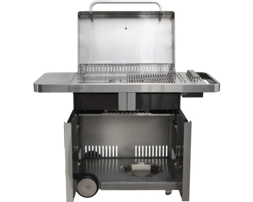 Gasbarbecue van roestvrij staal met open deksel en onderkast