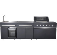 Buitenkeuken met gootsteen, koelkast, laden, kasten en gasbarbecue