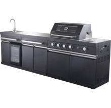 Zwarte buitenkeuken met spoelbak, koelkast en grill