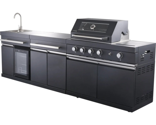 Zwarte buitenkeuken met spoelbak, koelkast en grill