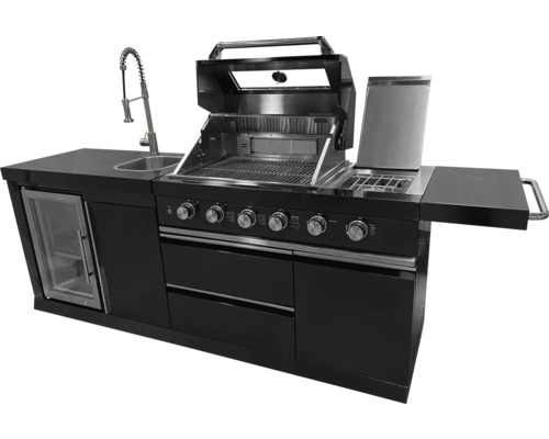 Buitenkeuken met barbecue, spoelbak en koelkast