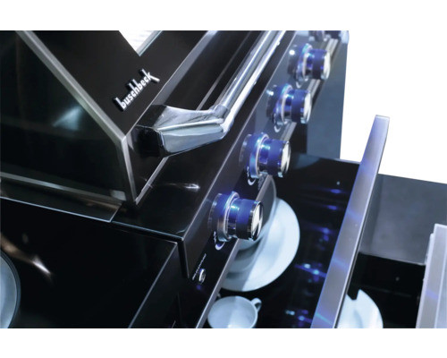 Detailaanzicht van een Buschbeck gasbarbecue met draaiknoppen en opbergruimte