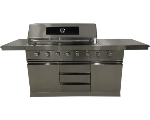 Roestvrijstalen grillstation met gasbranders, deuren en lades