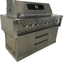 Roestvrijstalen barbecue station met meerdere branders, bedieningsknoppen en opbergruimte.