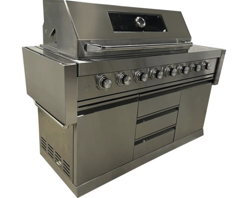Roestvrijstalen barbecue station met meerdere branders, bedieningsknoppen en opbergruimte.